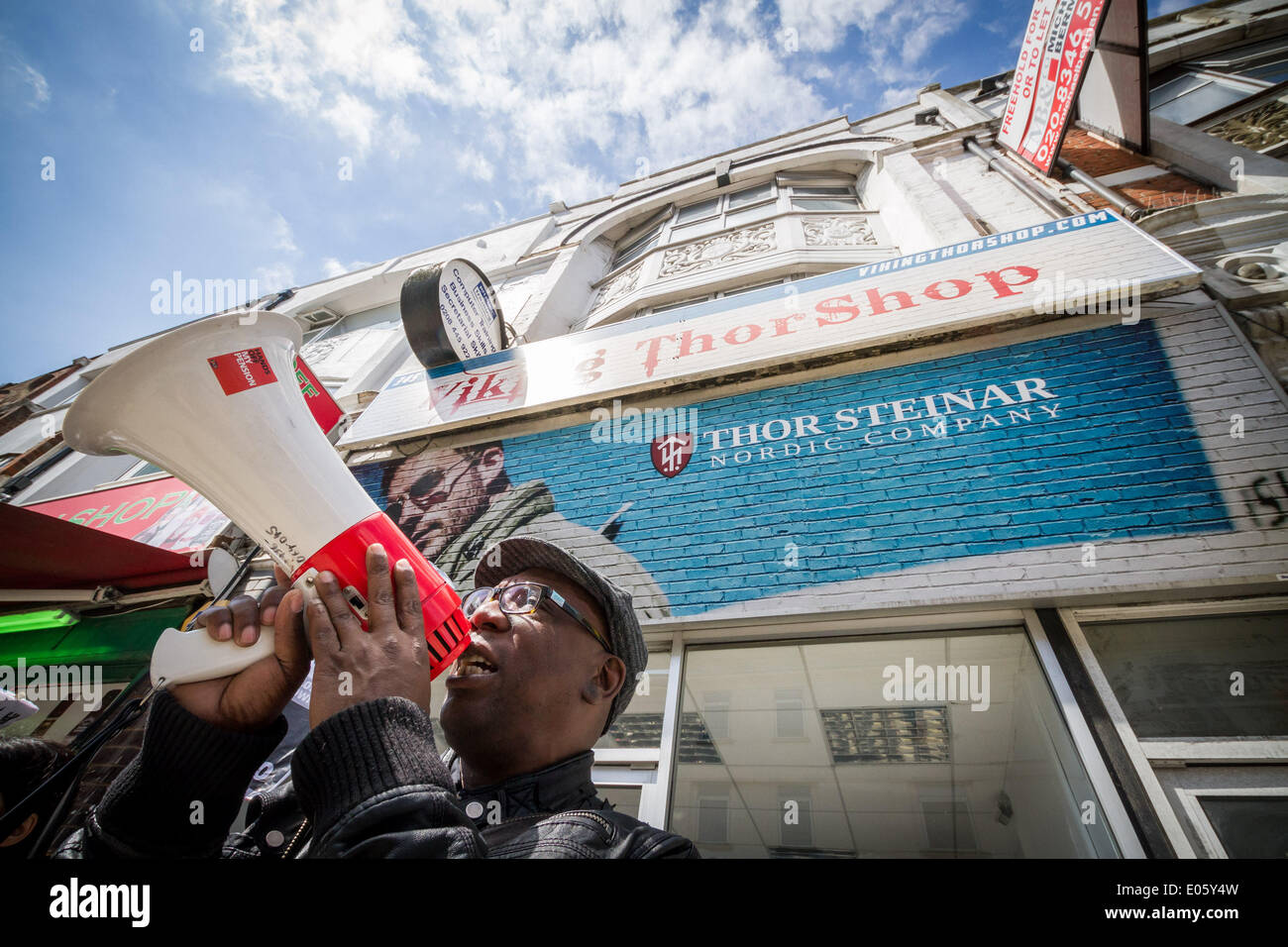 North Finchley, London, UK. 3rd May 2014. Thor Steinar far-right store protest by anti-fascists in North London Credit:  Guy Corbishley/Alamy Live News Stock Photo