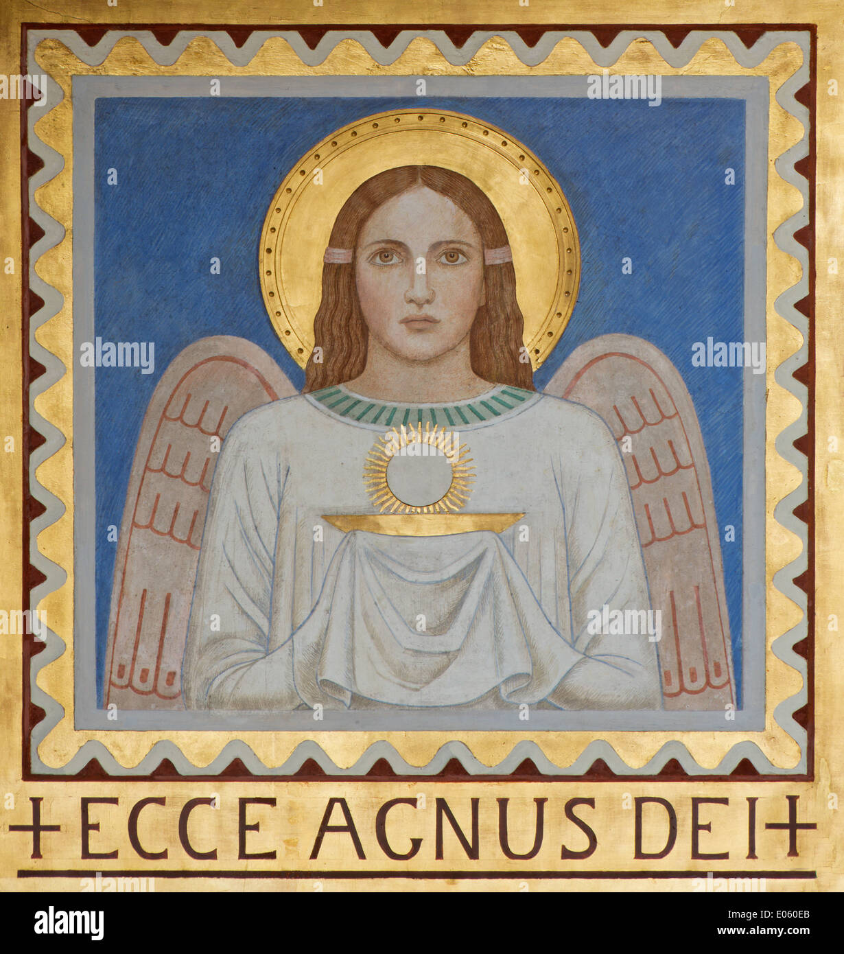 VIENNA, AUSTRIA - JULY 27, 2013: Fresco of symbolic angel with the Eucharist by P. Verkade (1927) from side altar in Carmelites Stock Photo
