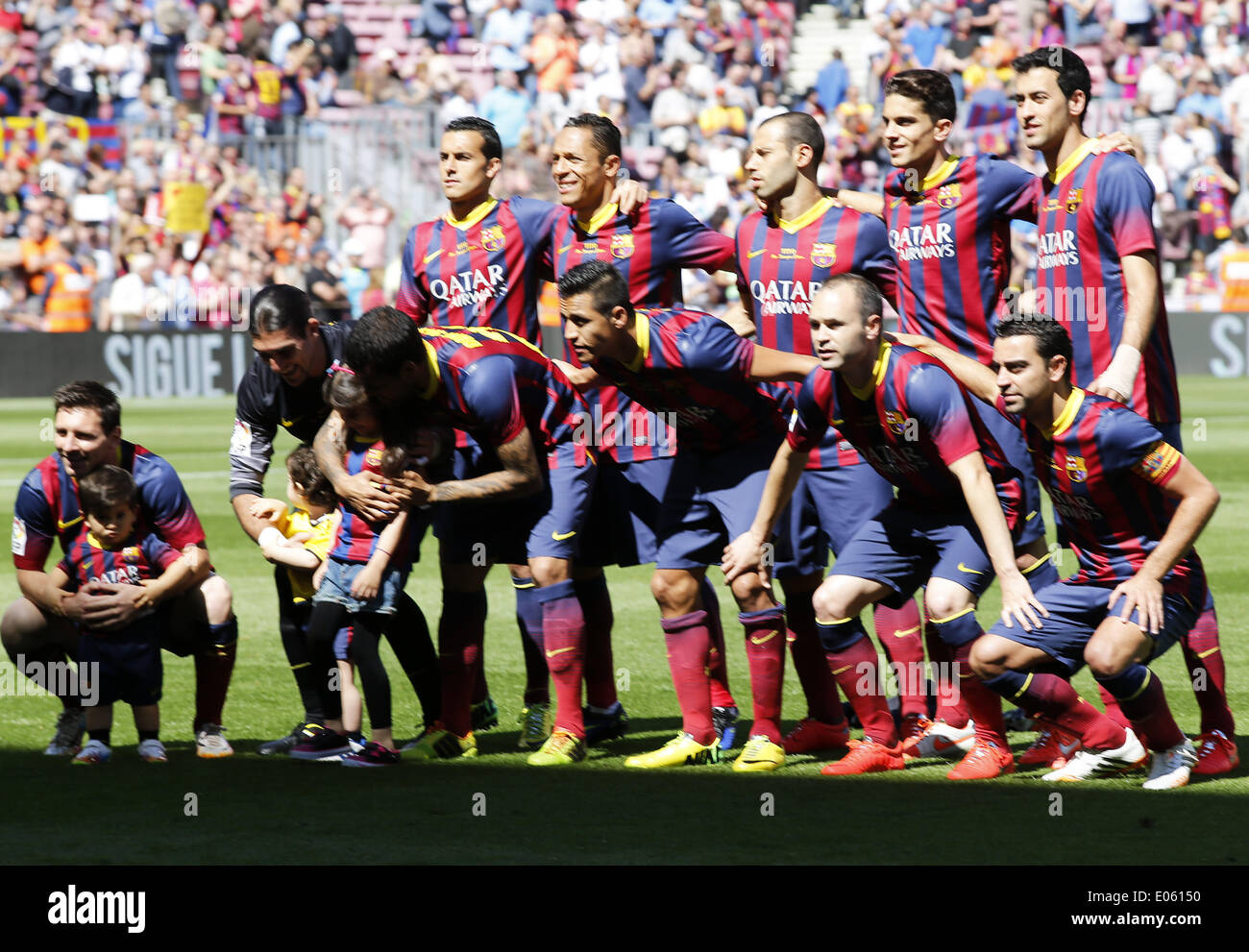 Barcelona, Spain. May 3, 2014 - FC Barcelona team with Messi with his son in the match between FC Barcelona and Getafe, for Week 36 of the spanish Liga BBVA played at the Camp Nou, May 3, 2014. Photo: Joan Valls/Urbanandsport/Nurphoto. (Credit Image: Credit:  Joan Valls/NurPhoto/ZUMAPRESS.com/Alamy Live News) Stock Photo