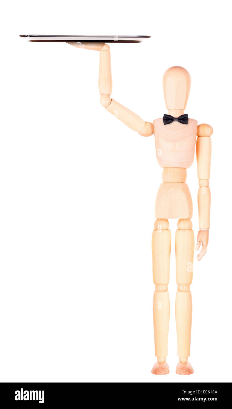 wooden Dummy waiter with empty silver tray Isolated Over White