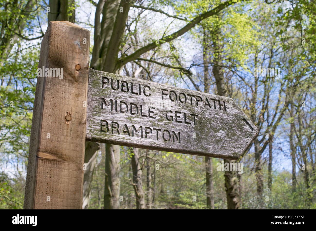 Wooden public footpath sign along the river Gelt valley near Brampton, north west England UK Stock Photo