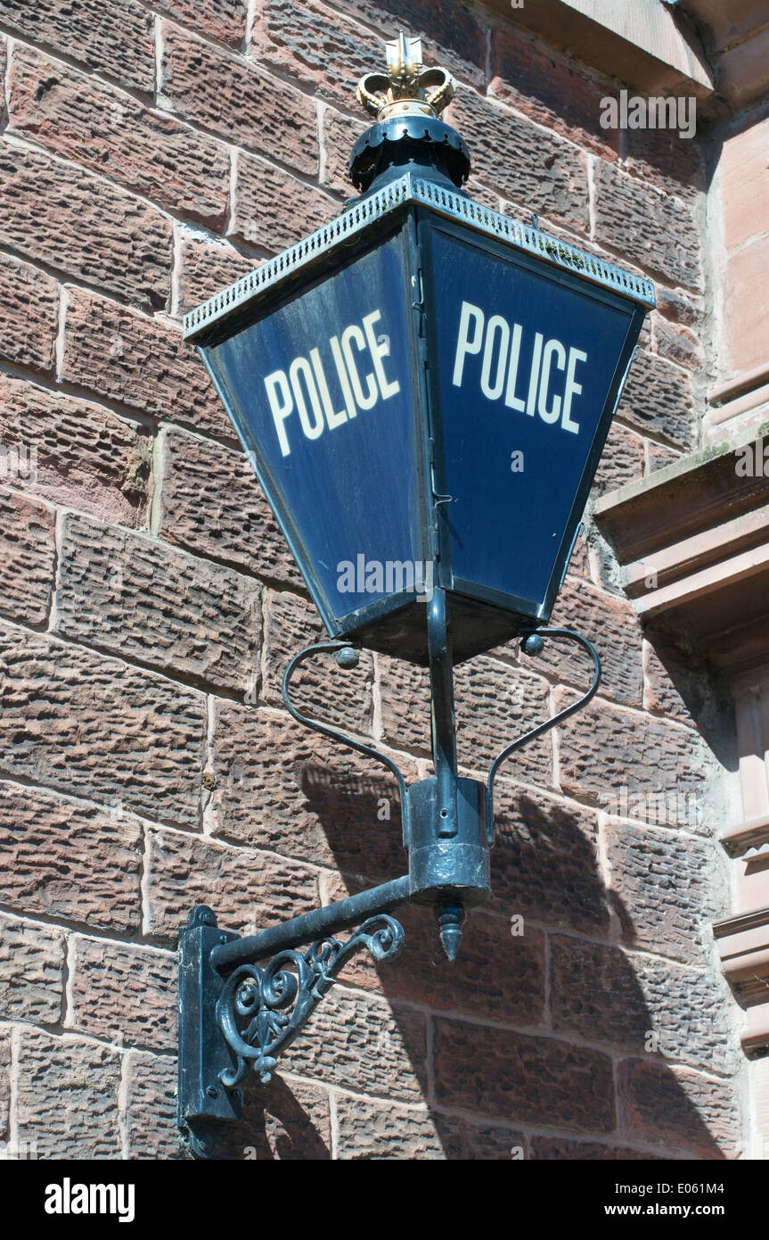 Traditional blue Police Lamp Brampton police station, north west England UK Stock Photo