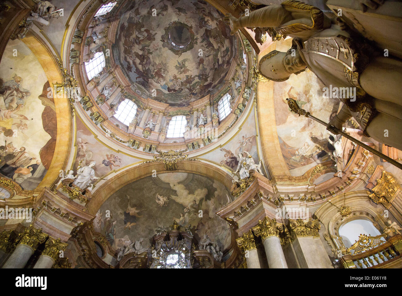 Interior St. Nicholas Church showing Trompe l'Oeil painting technique - Prague, Czech Republic. Stock Photo