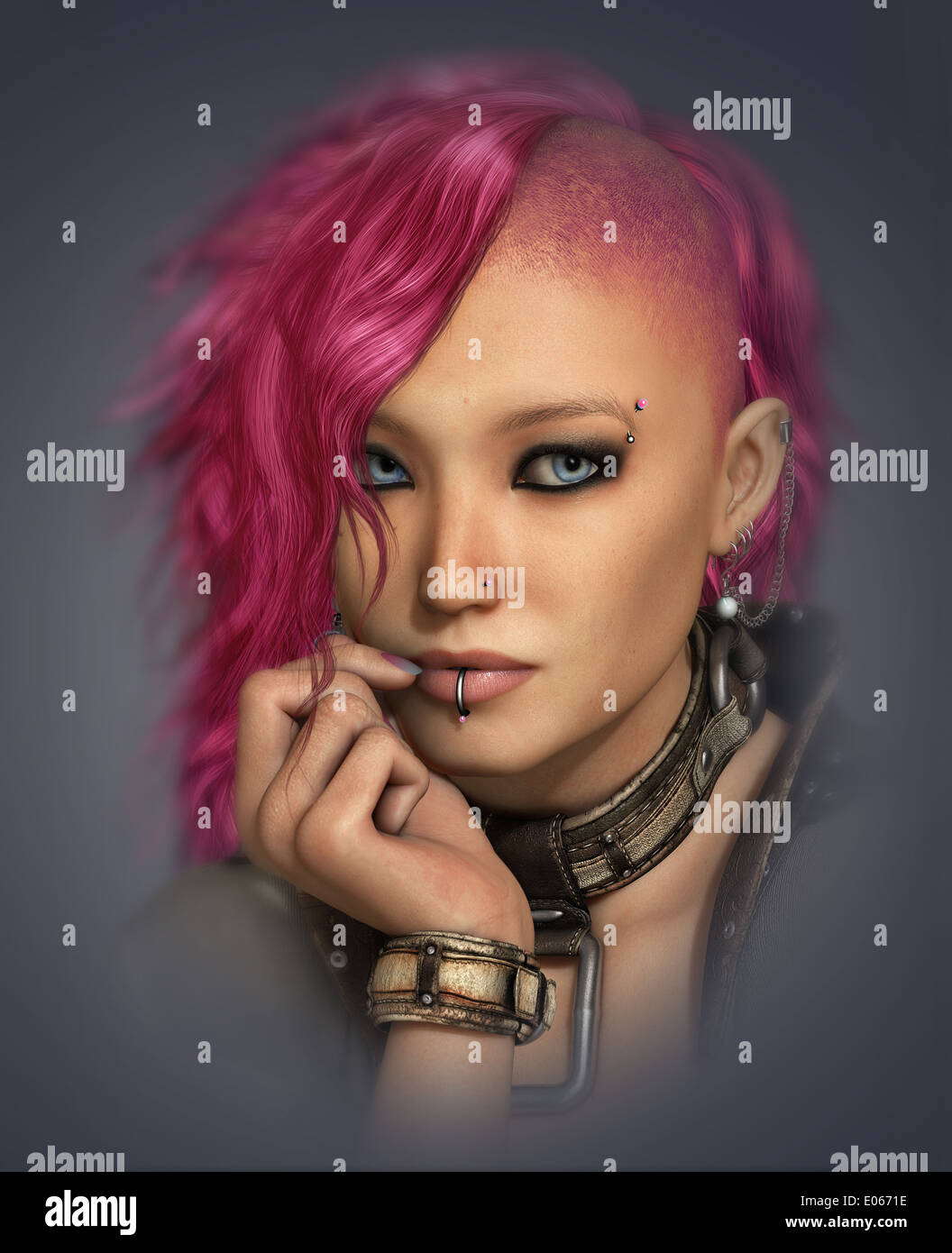 3D computer graphics of a portrait of a girl with pink Mohawk and outfit in Punk style Stock Photo