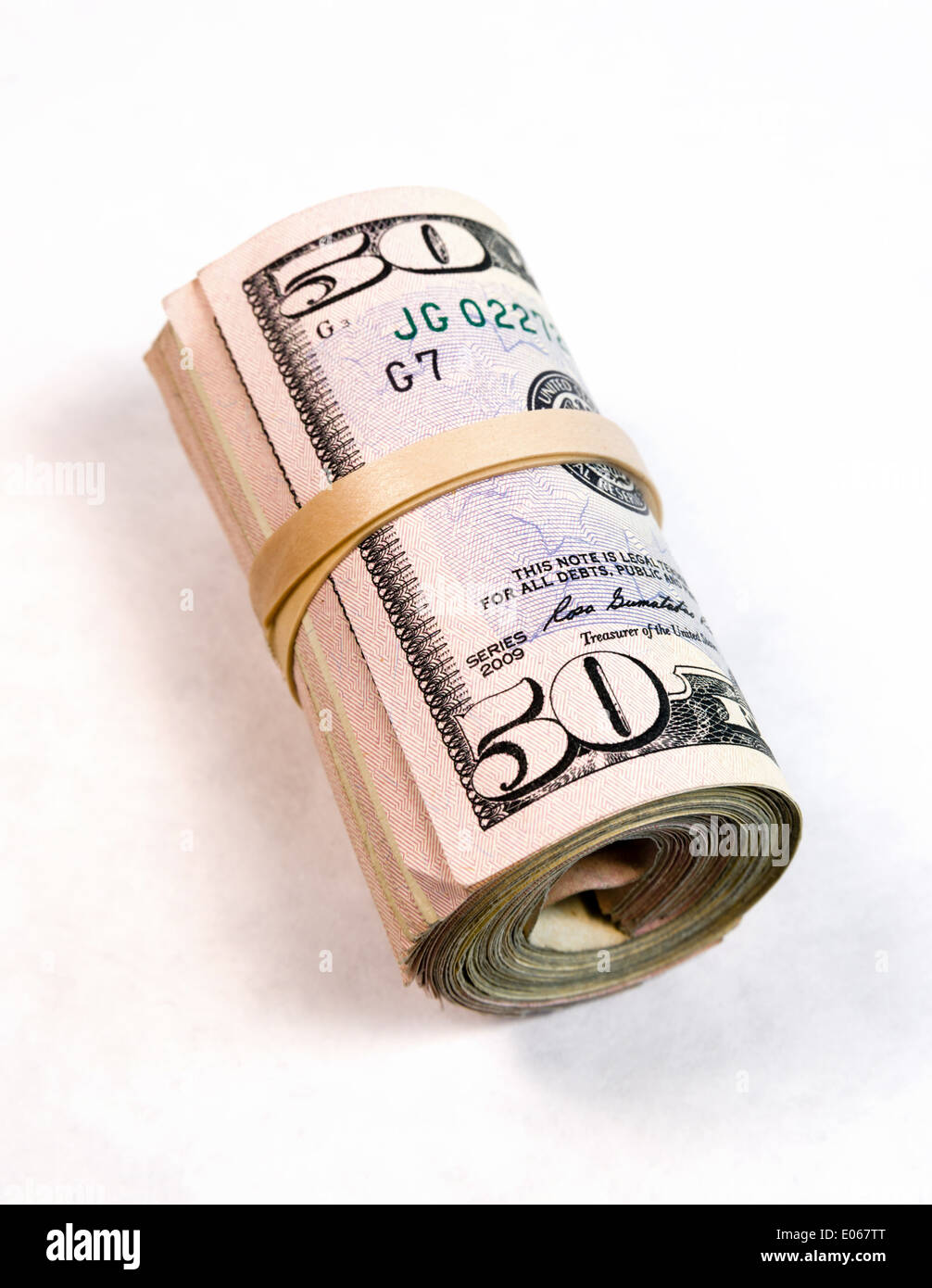 Rolled Banded Wad Fifty Dollar Bills American Money Cash Stock Photo