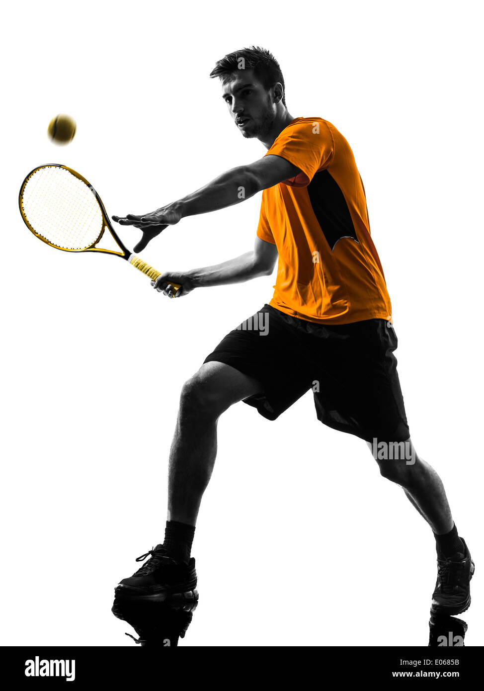 one man tennis player in silhouette on white background Stock Photo