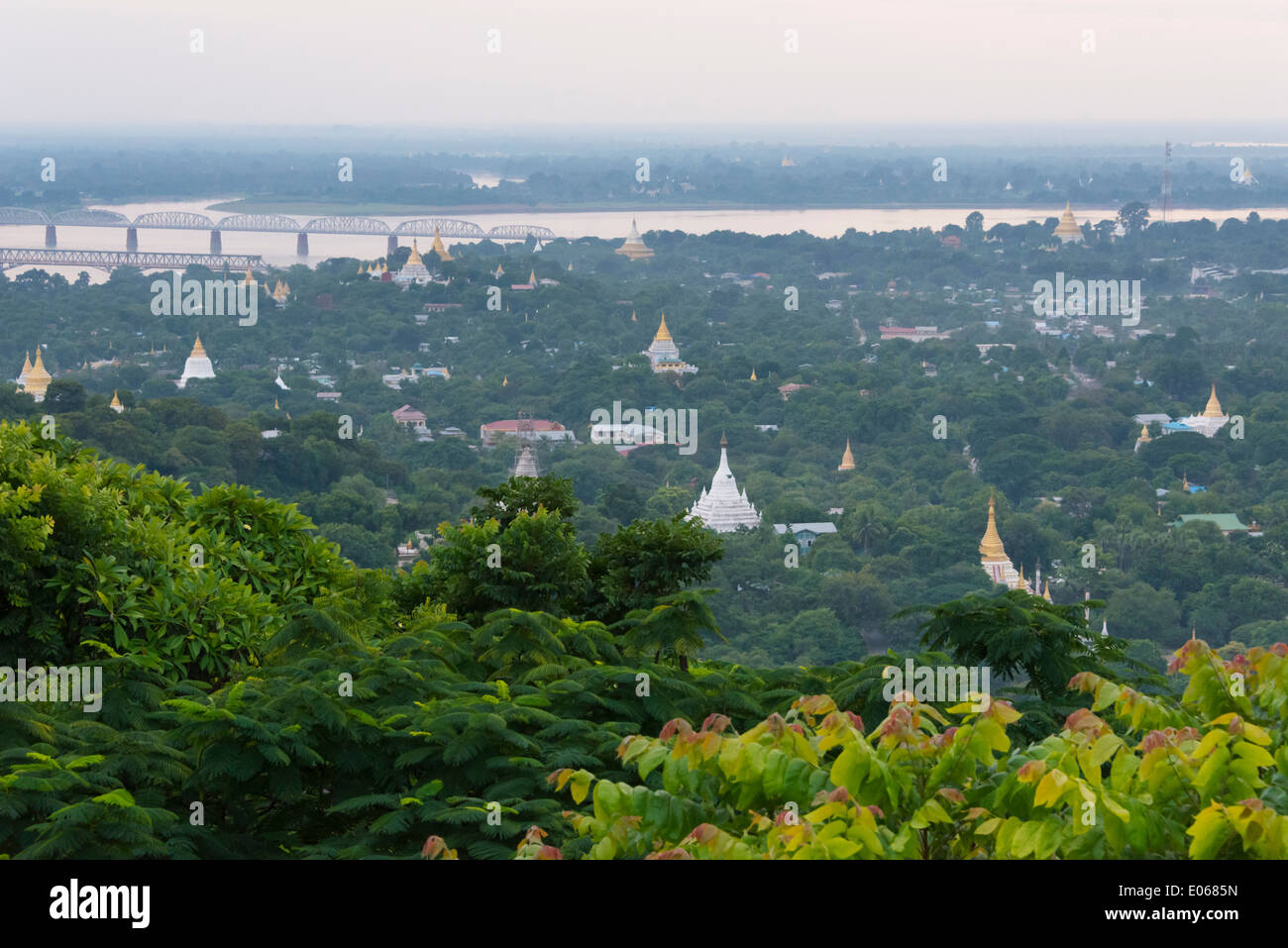 Ava Bridge and new Ayarwaddy River Bridge, temples and pagodas on Sagaing Hill, Mandalay, Myanmar Stock Photo