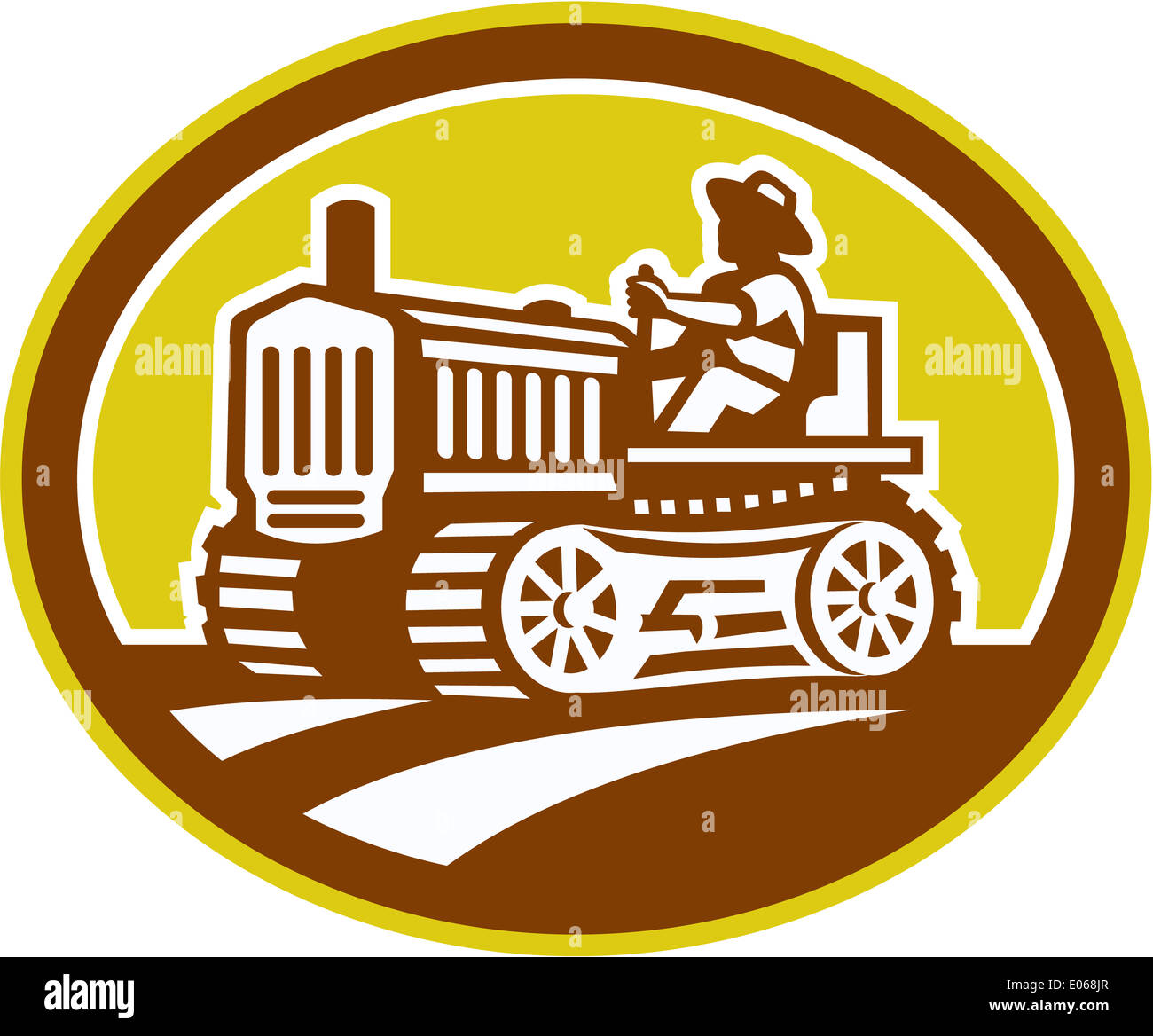 Illlustration of a farmer worker drive driving a vintage tractor ...