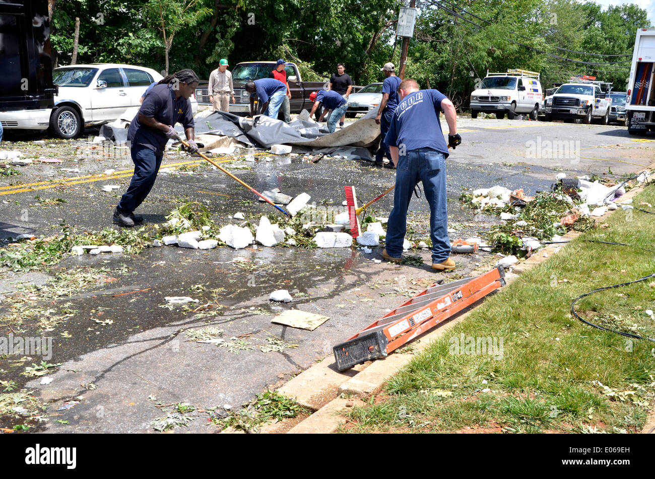 Workers clean up after a severe storm hit causing major damage in Bladensburg, Maryland Stock