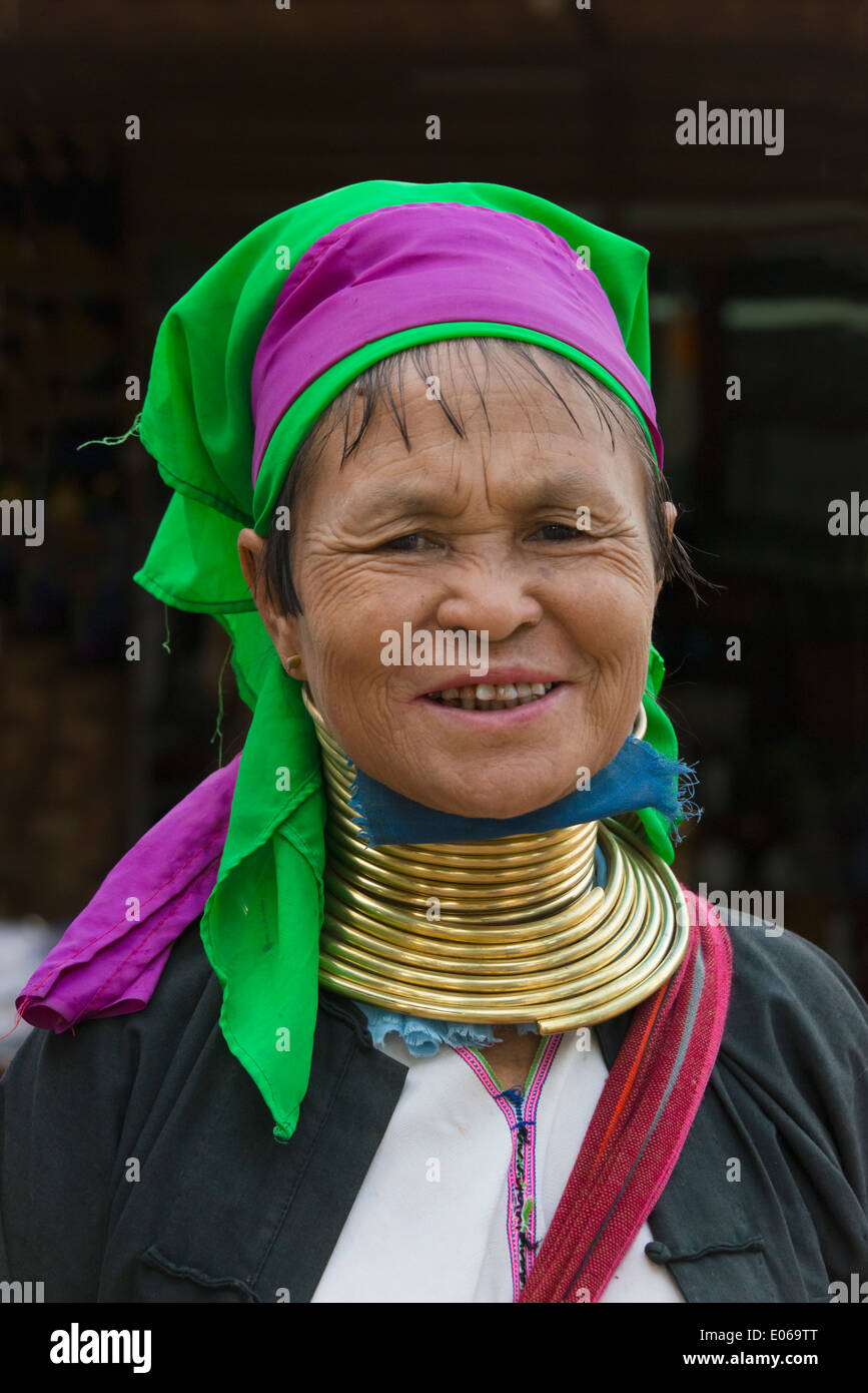 Padaung (Kayan Lahwi) woman wearing brass neck coils, Bagan, Myanmar Stock Photo