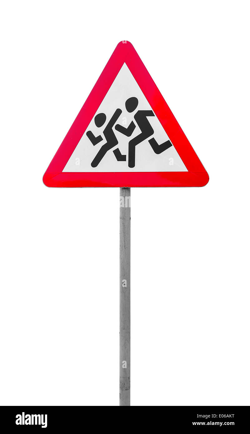 Road sign people run across the road isolated on white background Stock Photo