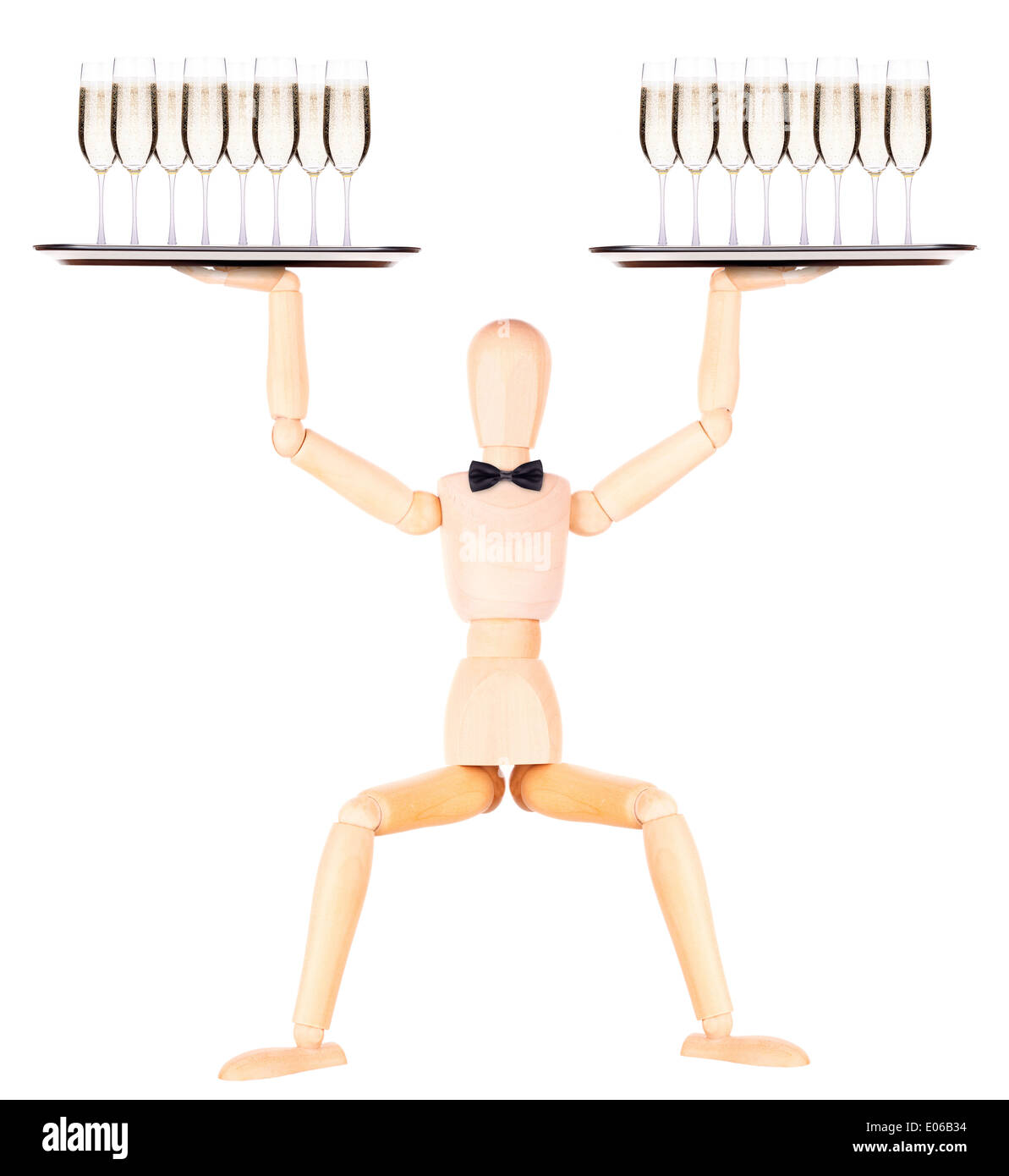 wooden Dummy waiter with champagne glass on silver tray Isolated Over