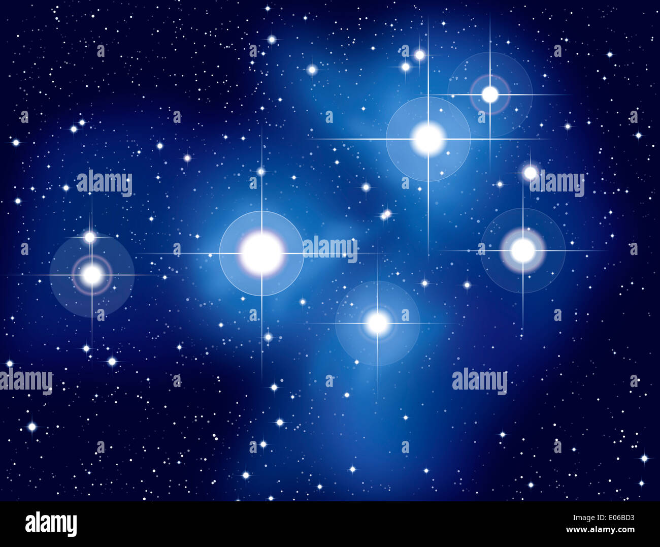 Pleiades - Illustration of the Pleiades, called Seven Sisters, M45, an open star cluster located in the constellation of Taurus. Stock Photo
