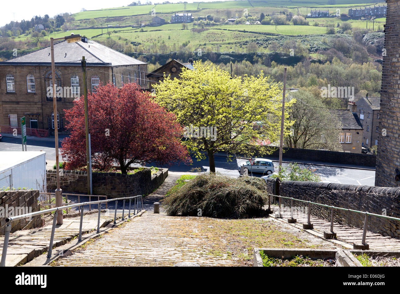 View across the valley in Spring, Sowerby Bridge, West Yorkshire Stock Photo