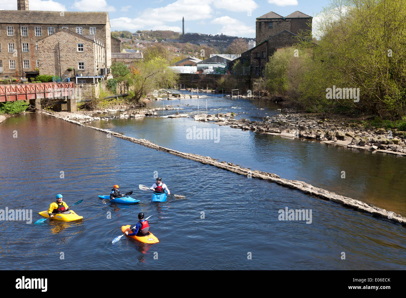 Canoeists on the River Calder, Sowerby Bridge, West Yorkshire Stock