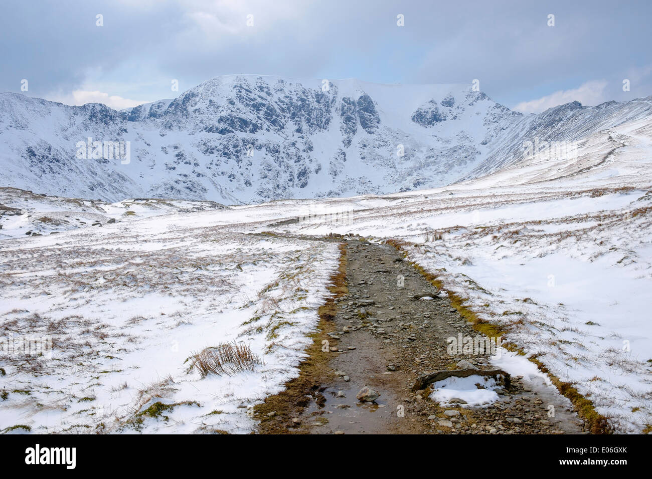 Footpath to Red Tarn and Helvellyn with Swirral and Striding Edge in mountains of Lake District National Park Cumbria England UK Stock Photo