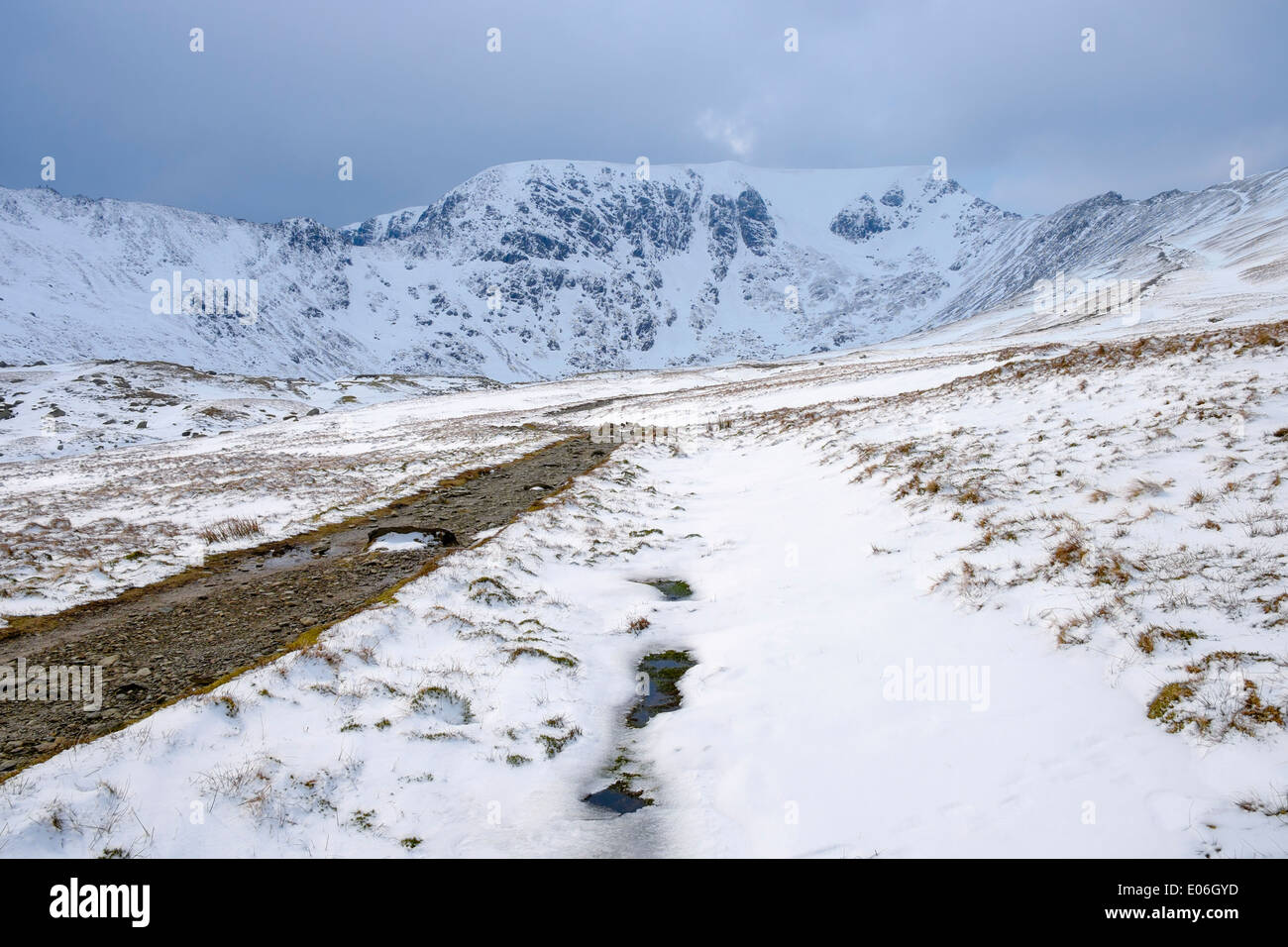 Footpath to Red Tarn and Helvellyn with Swirral and Striding Edge in mountains of Lake District National Park Cumbria England UK Stock Photo