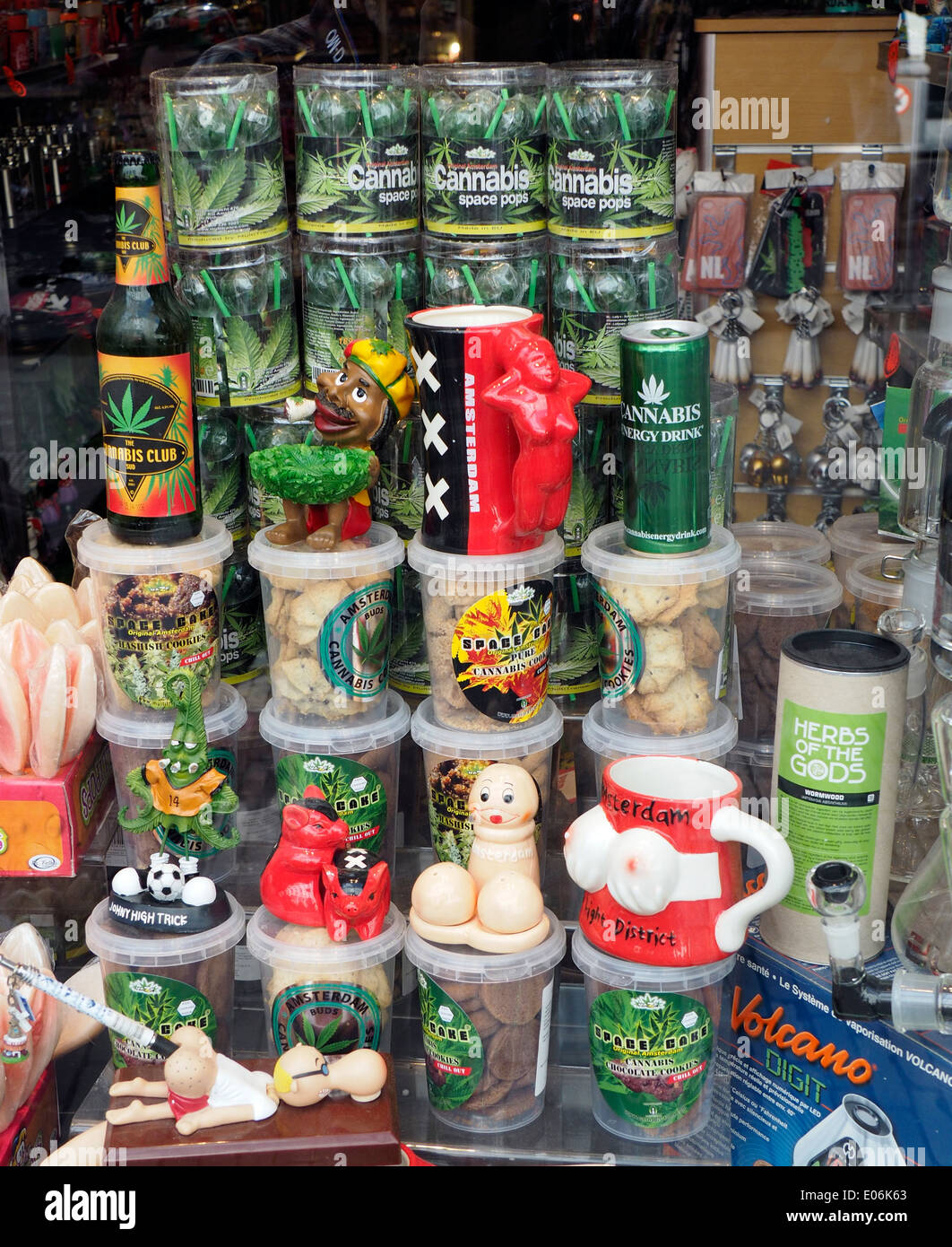 Cannabis Sodas Cookies Lollipops in Amsterdam Store Window Stock Photo
