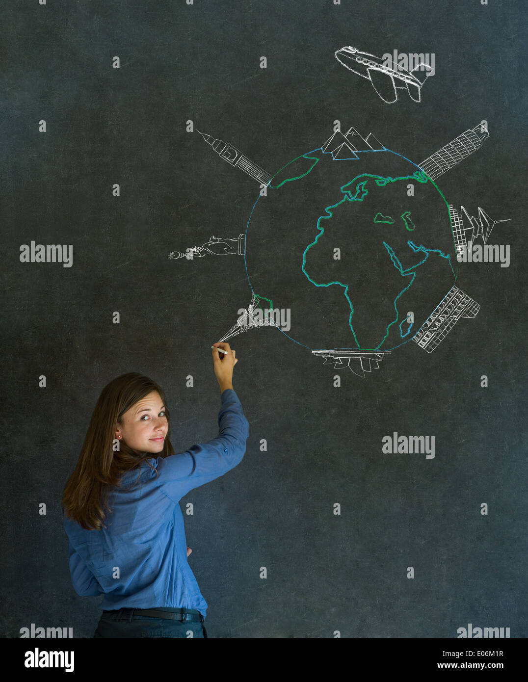 Business travel agent chalk airplane world globe with famous landmarks