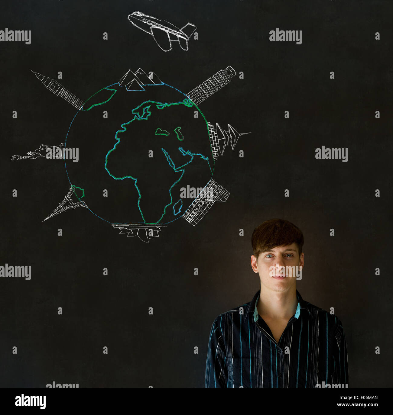 Business travel agent chalk airplane world globe with famous landmarks