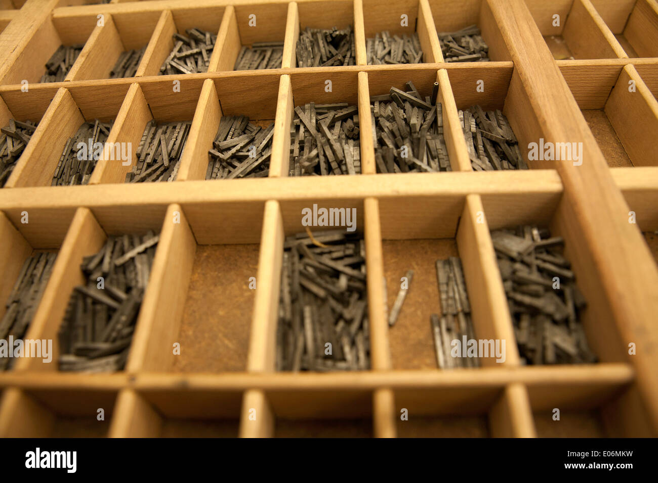 Pieces of type in a tray in a printing shop Stock Photo Alamy