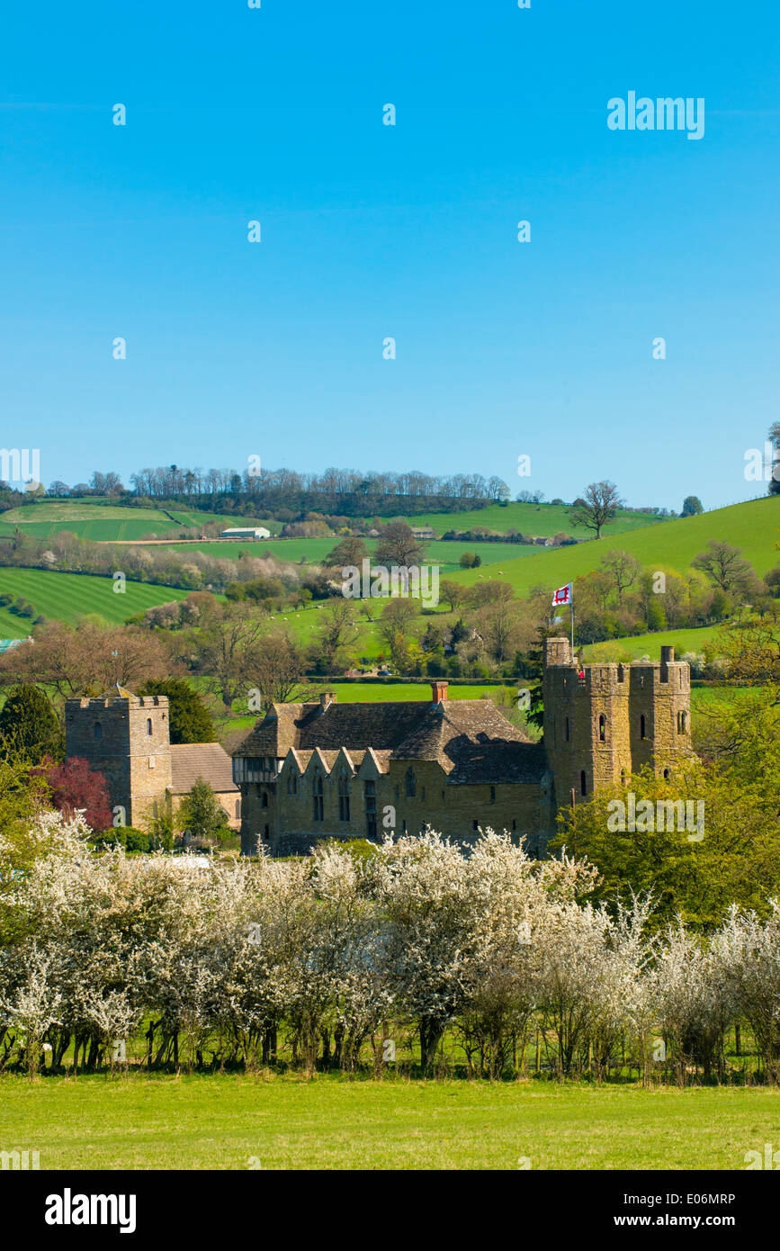 Spring blossom at Stokesay Castle, a fortified manor house, Shropshire, England. Stock Photo