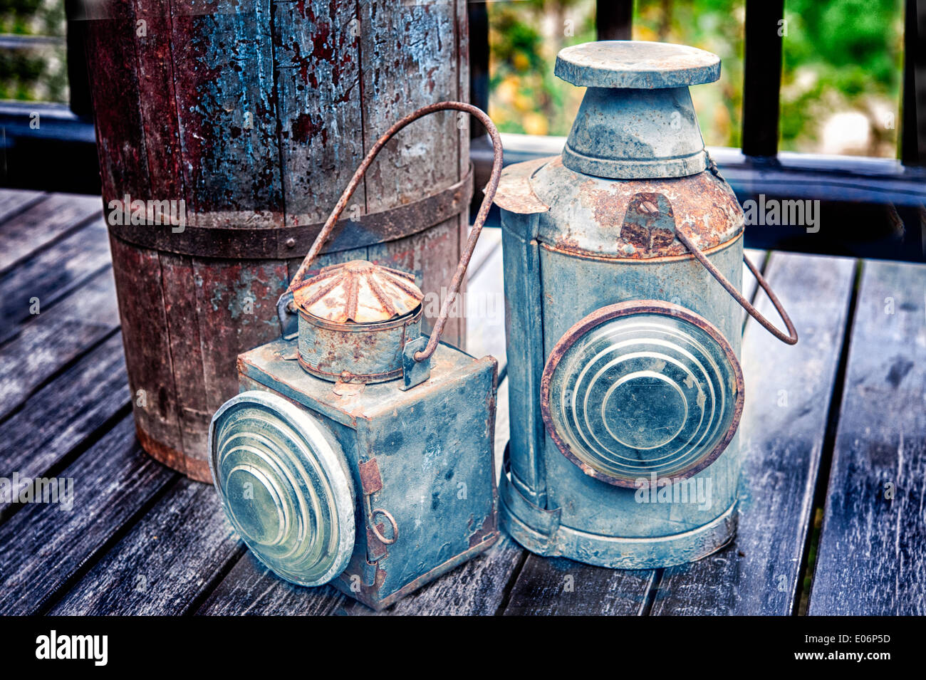 Vintage torch on old wood floor texture Stock Photo