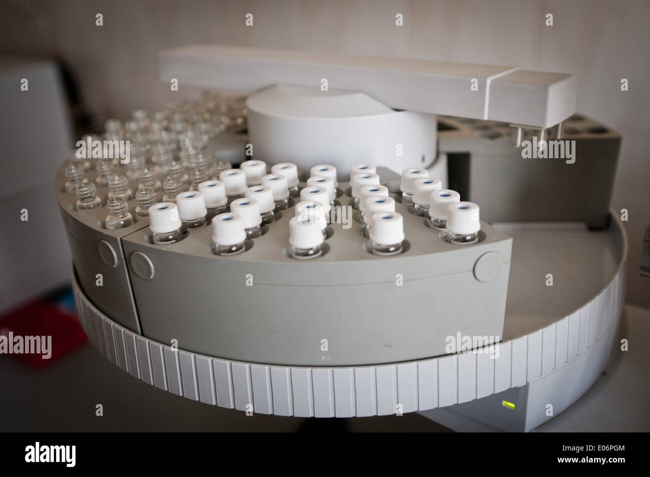 Chemistry lab small vials in Gas Chromatograph autosampler Stock