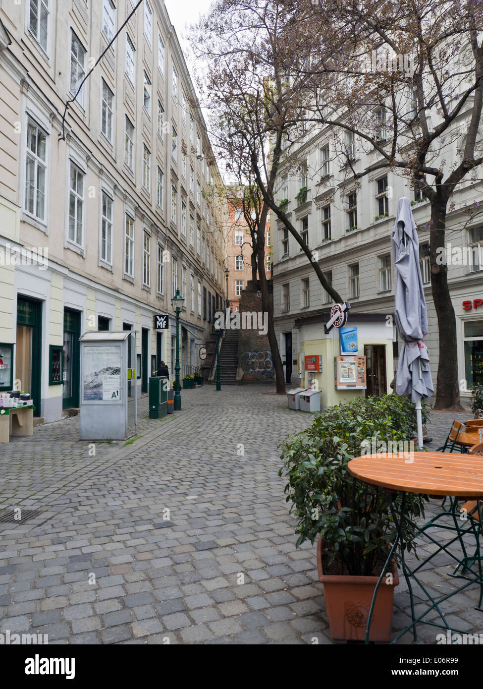 Mölker Steig a narrow old alley in central Vienna Austria. cobbled with small shops and stairs Stock Photo