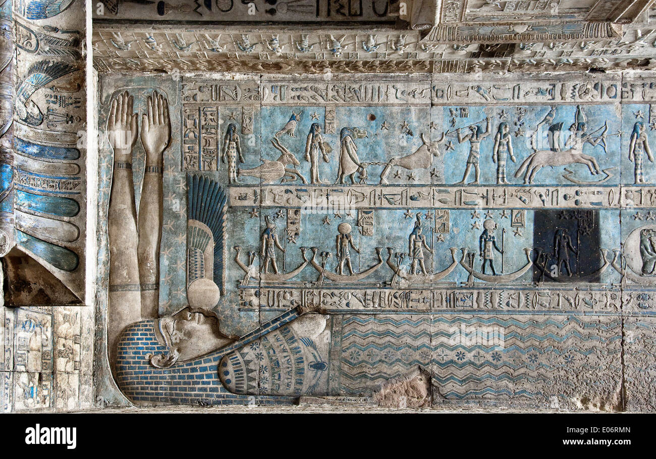 Egypt,Dendera,Ptolemaic temple of the goddess Hathor.View of ceiling before cleaning. Stock Photo