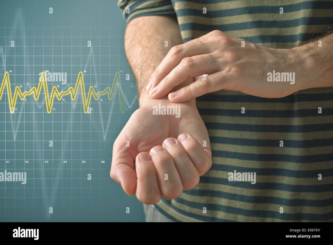 Man checking his pulse by pressing the wrist with fingers. Health issues concept. Stock Photo