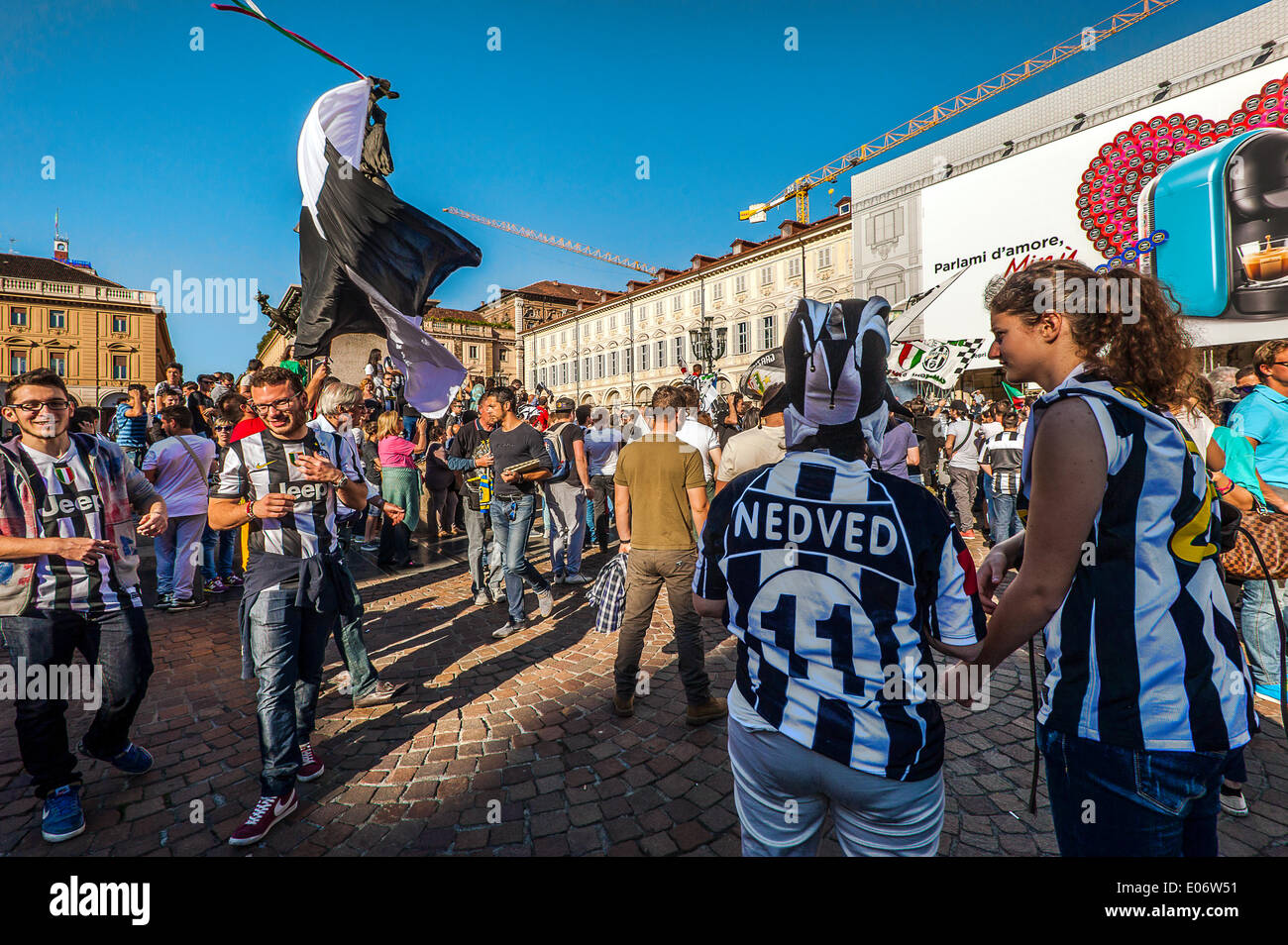 Piazza San Carlo, Piedmont, Turin, Italy. 4th May, 2014. Fans of the football team Juventus celebrate the victory of the 32 th League Title  of the Italian Championship Credit:  Realy Easy Star/Alamy Live News Stock Photo