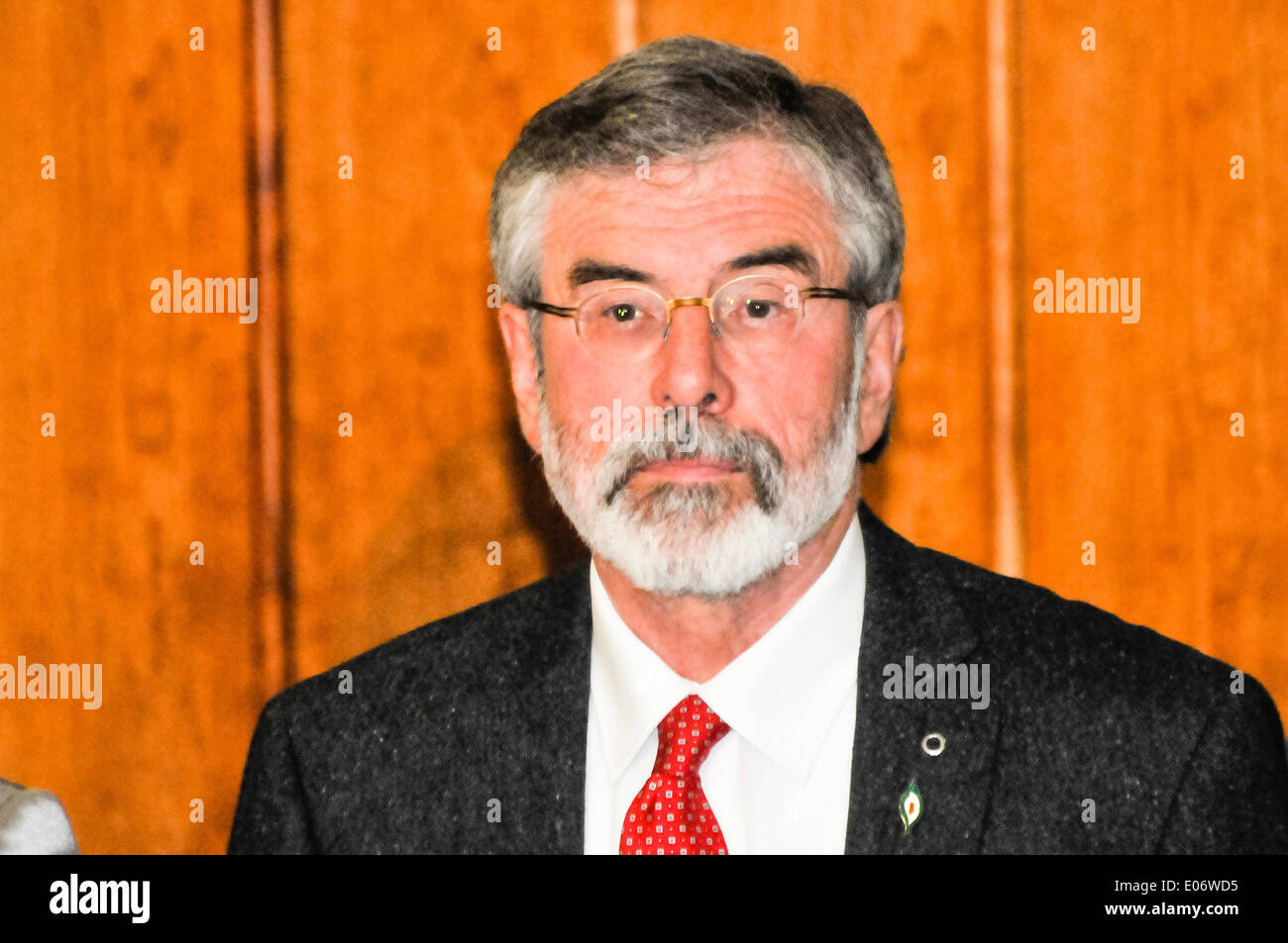 Belfast, Northern Ireland. 4 May 2014 - Gerry Adams holds a press conference, less than an hour after his release from PSNI questioning. Credit:  Stephen Barnes/Alamy Live News Stock Photo