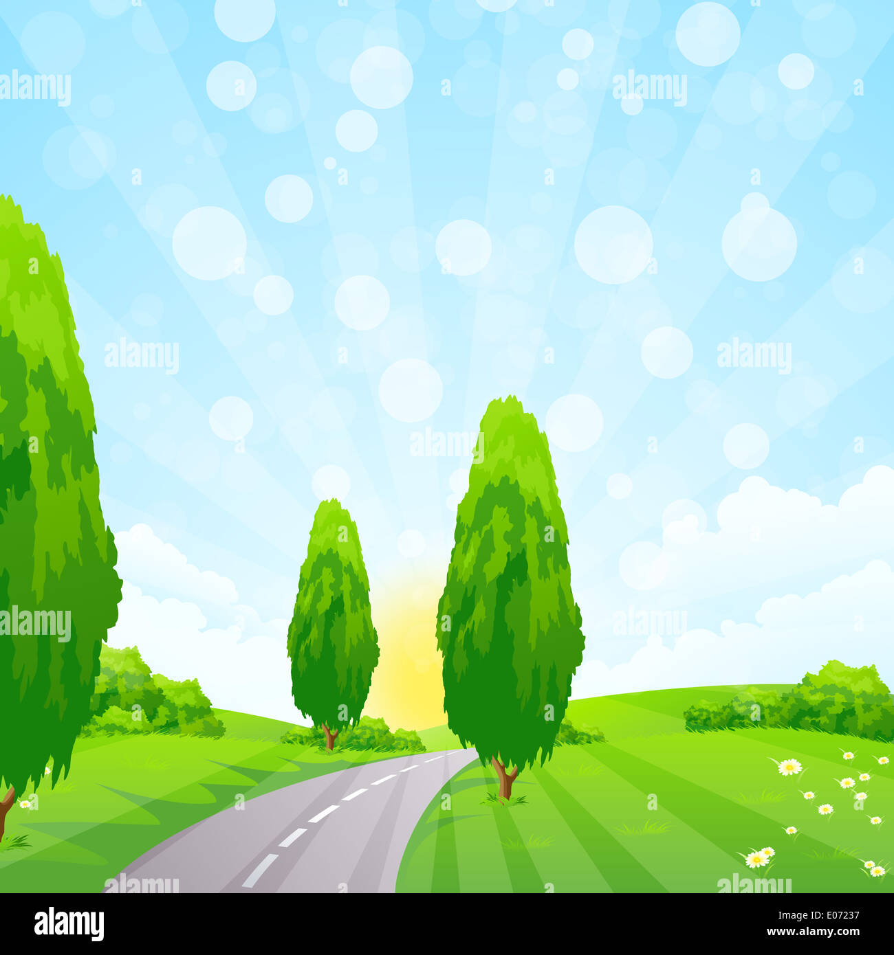 Green Landscape with Flowers Trees and Clouds Stock Photo - Alamy