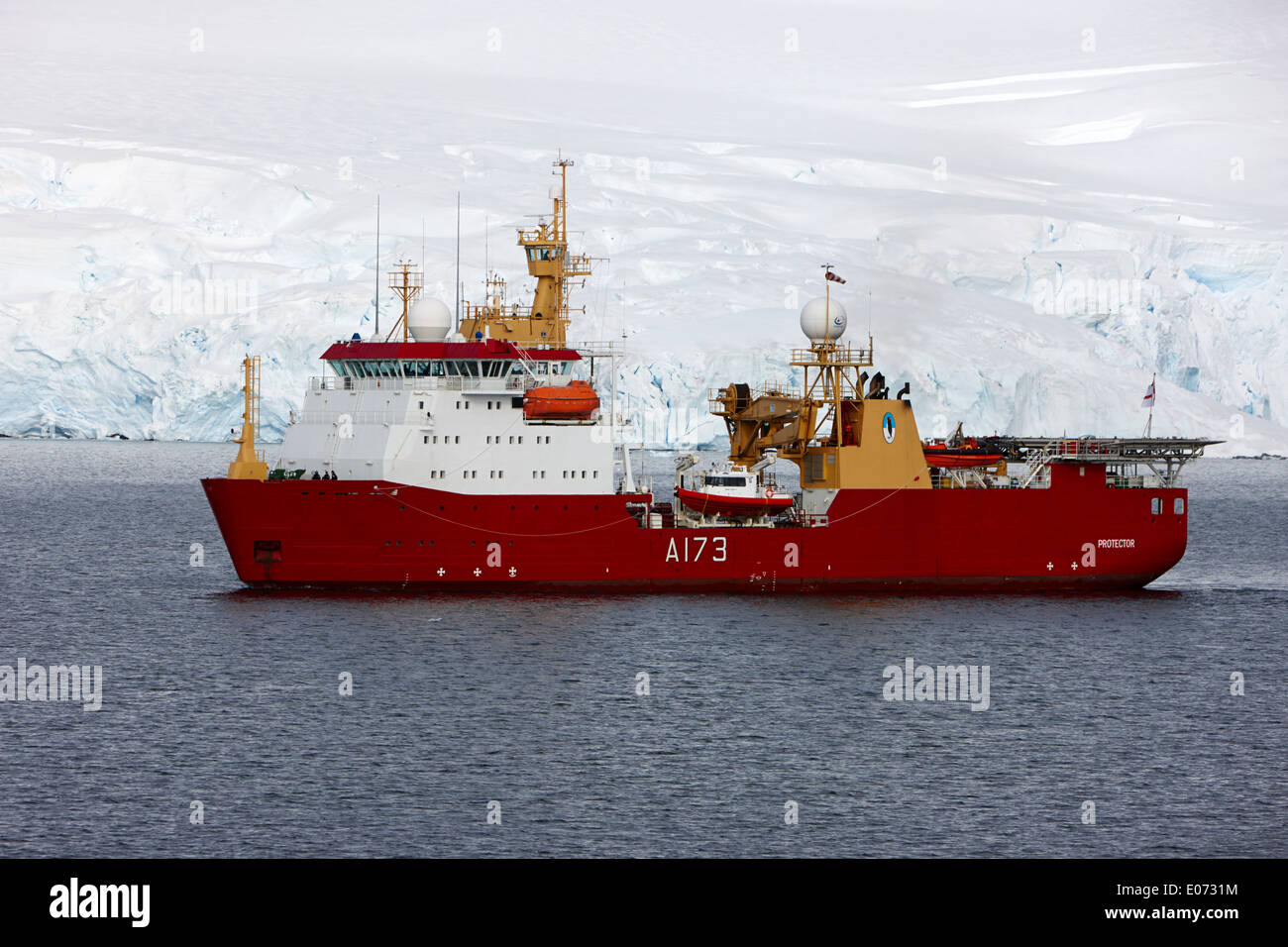 Royal Navy Ice Patrol Ship HMS Protector in Port Lockroy Antarctica Stock Photo