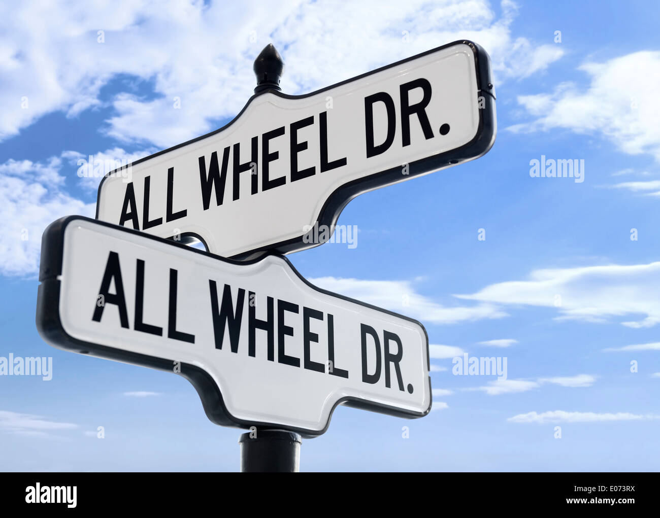 All Wheel Drive two street signs over blue skies isolated with clipping path Stock Photo