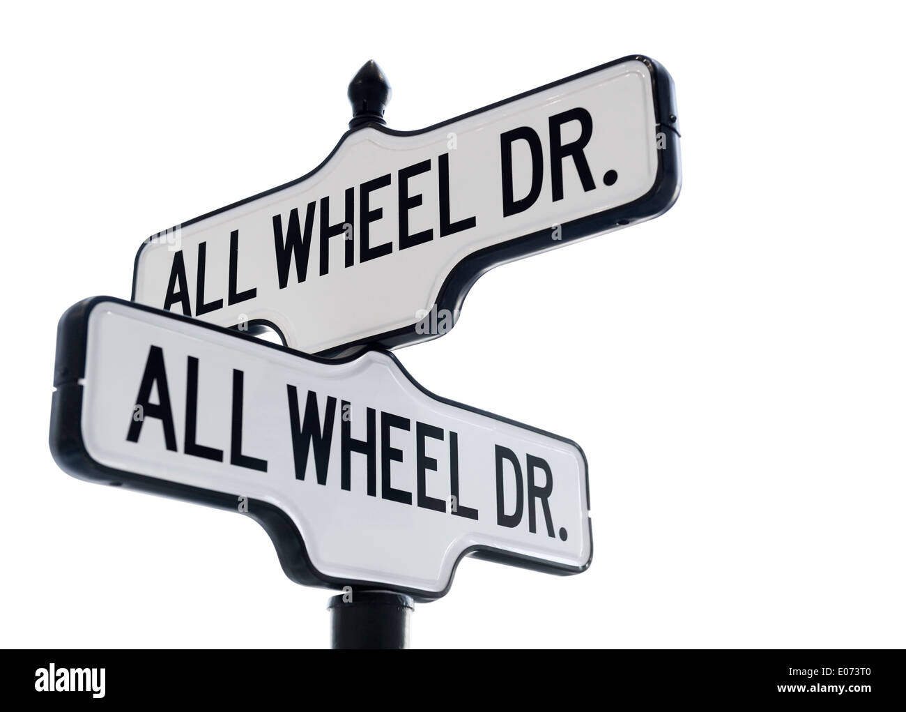 All Wheel Drive two street signs isolated on white background with clipping path Stock Photo