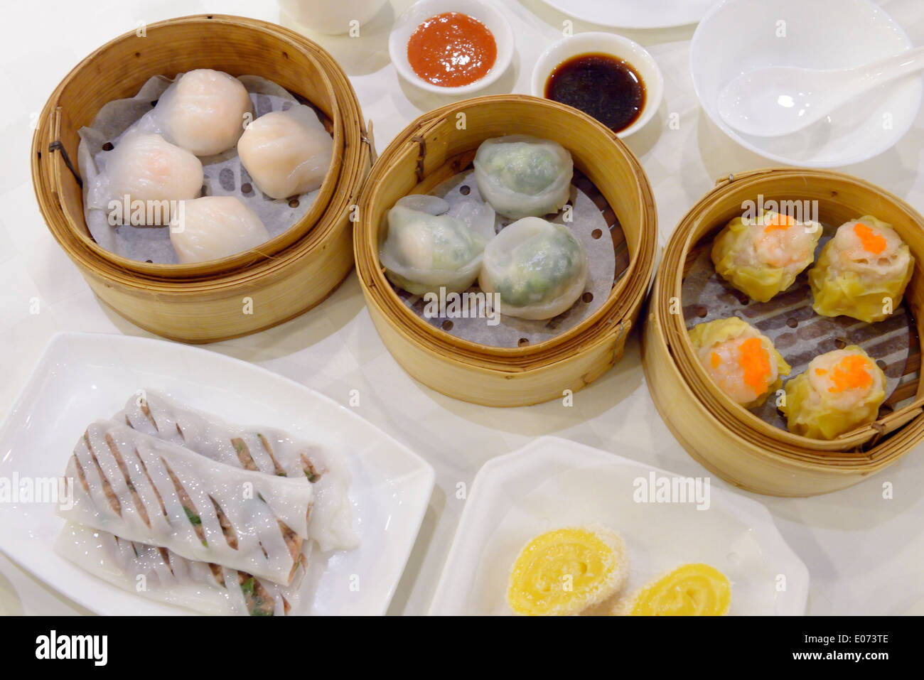 Dim sum dumplings dishes at a restaurant Stock Photo