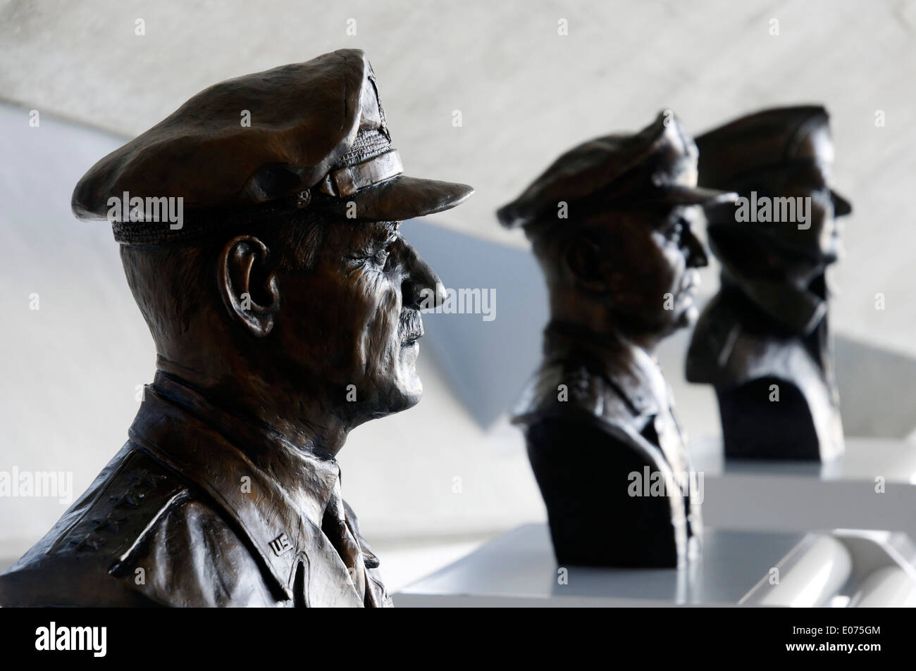 Busts of USAF Eighth Air Force commander James Doolittle, Carl Spaatz and Ira Eaker at Duxford Air Museum, England Stock Photo