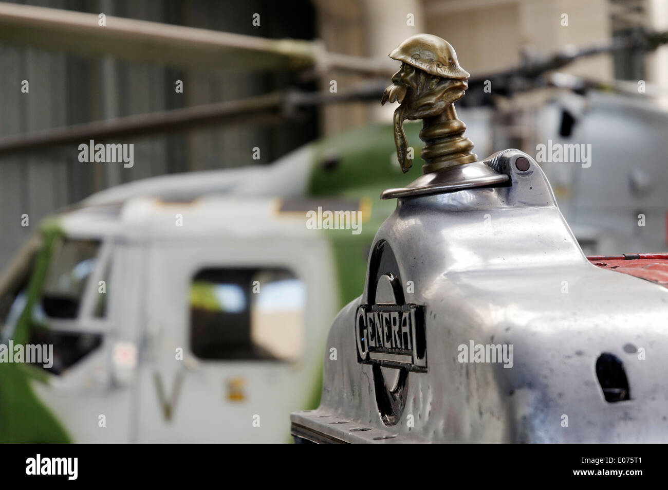 A soldiers head as a bonnet (hood) ornament on the Ole Bill bus that was used as a transport in the first world war Stock Photo