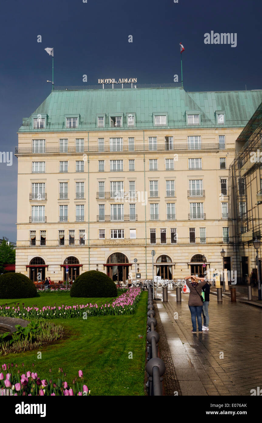 Hotel Adlon in Berlin, with dark skies after a thunderstorm Stock Photo