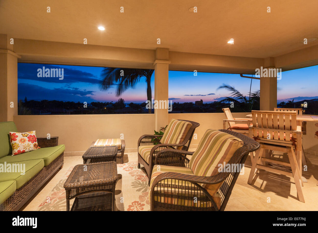 Outdoor Deck and Patio Furniture at Sunset, Luxury Home Interior Design ...