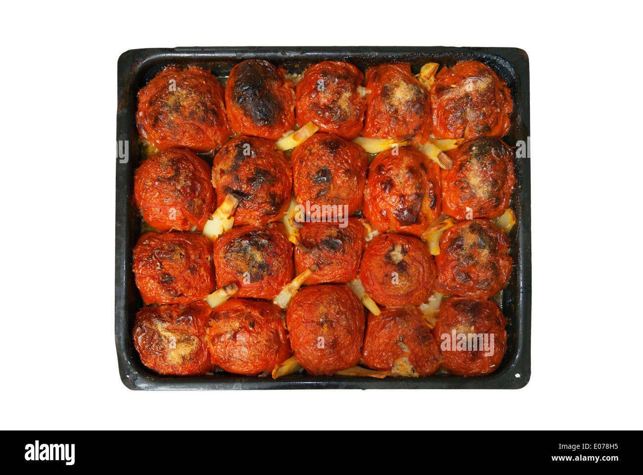 Pan full of stuffed tomatoes baked ready for serving Stock Photo