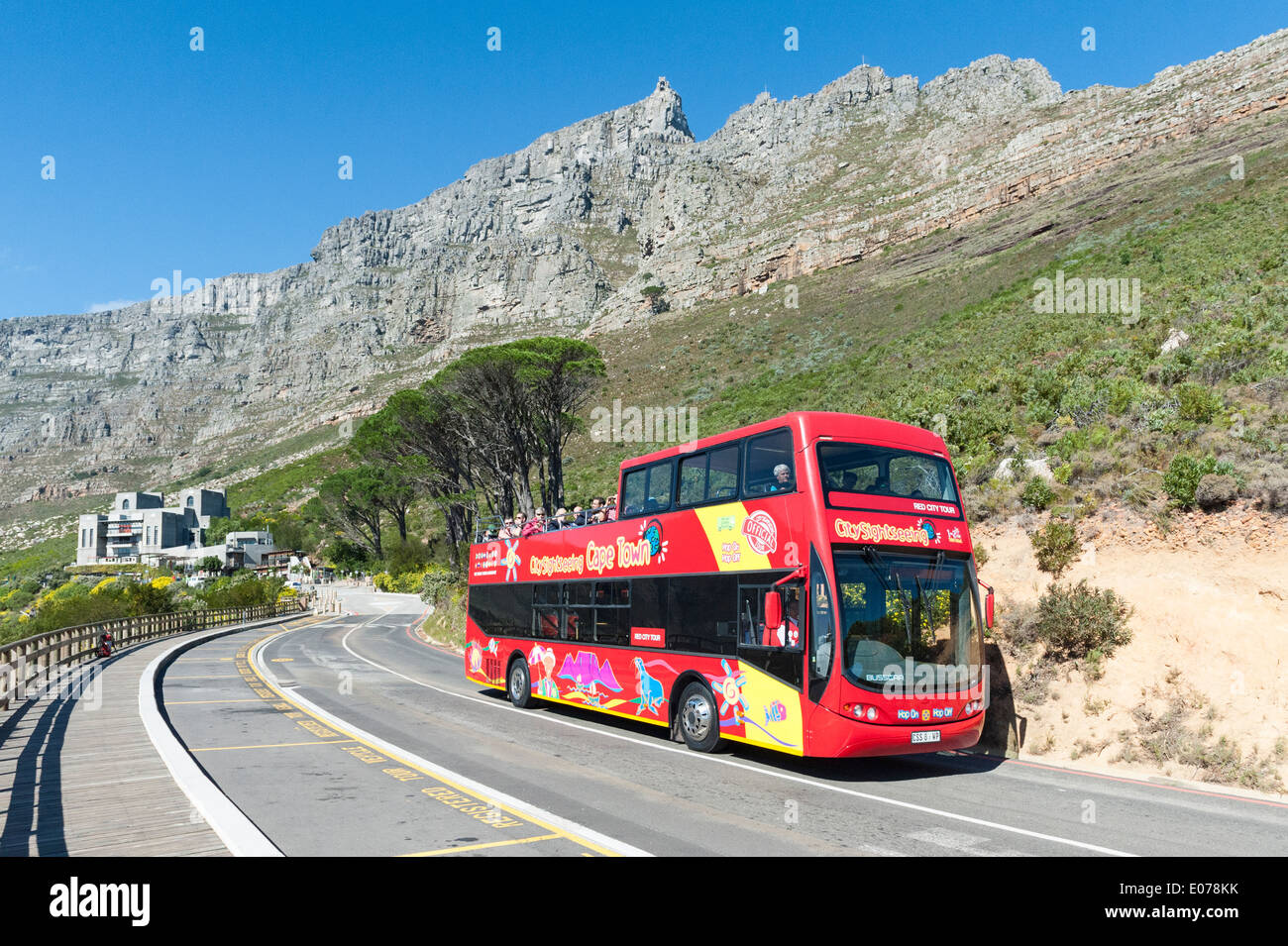 Sightseeing bus with both Cableway stations and Table Mountain in the background, Cape Town, South Africa Stock Photo