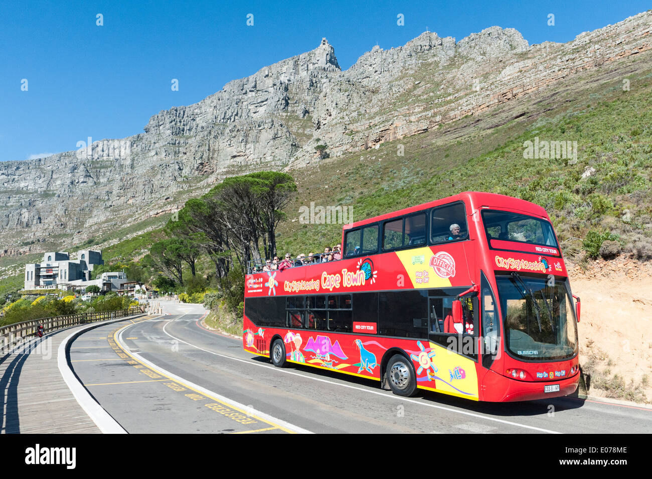 Sightseeing bus with both Cableway stations and Table Mountain in the background, Cape Town, South Africa Stock Photo