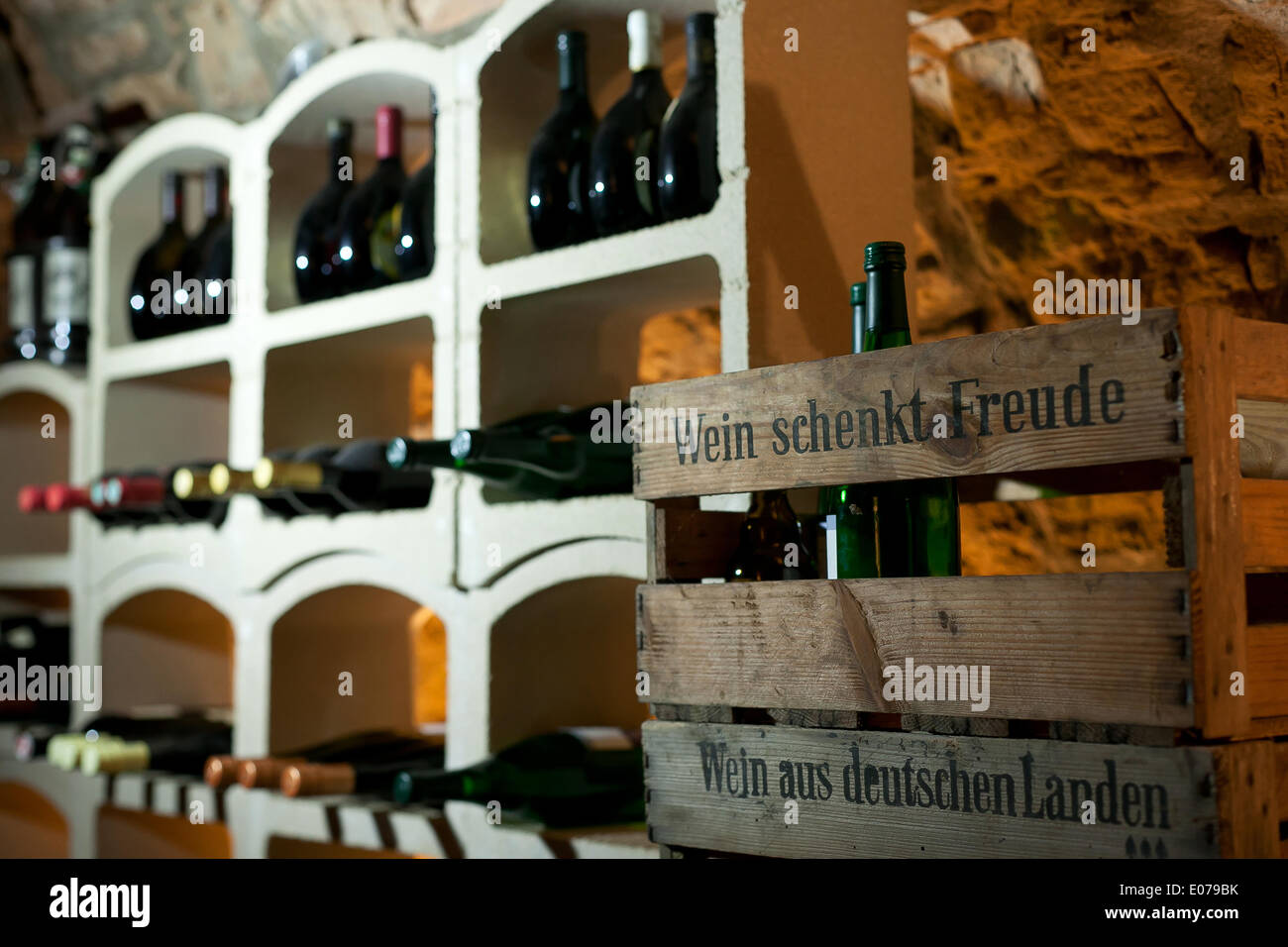 interior shot of a german wine cellar (wine gives you joy) - April 2014 Stock Photo