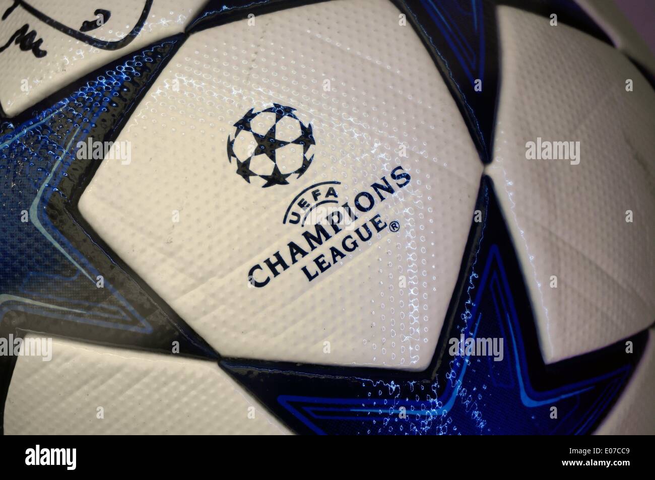 The soccer ball of the Champions League quarter final second leg match on  13 April 2011 trophy is on display during the UEFA Champions League Trophy  Tour at Dorothea-Schlegel-Platz in Berlin, Germany,