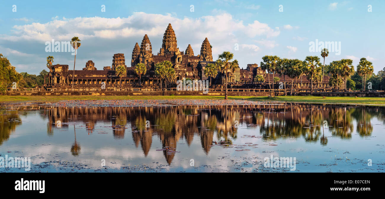 Ancient Khmer architecture. Panorama view of Angkor Wat temple at sunset. Siem Reap, Cambodia Stock Photo