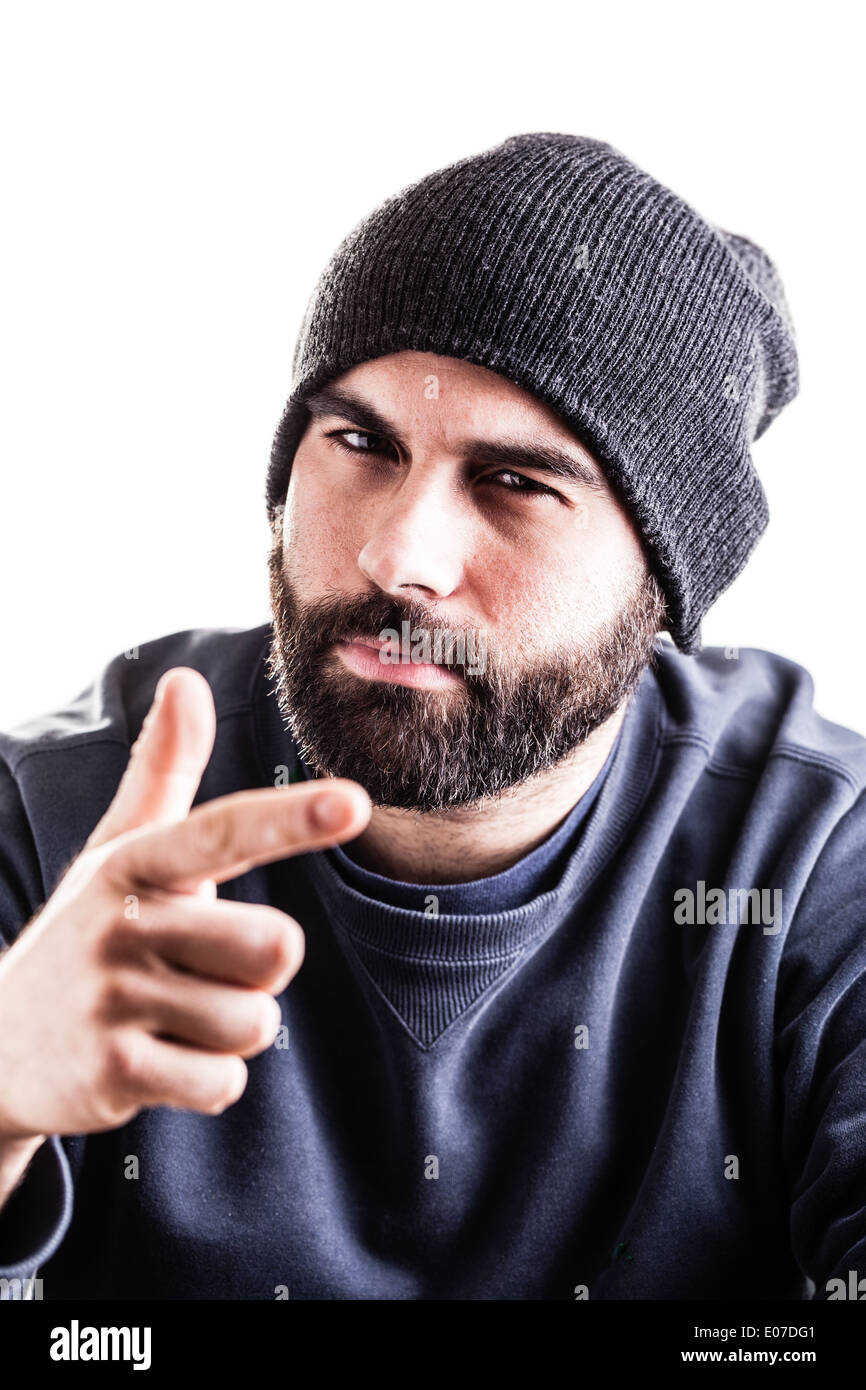 a man with a beanie and a beard pointing at you isolated over white Stock  Photo - Alamy