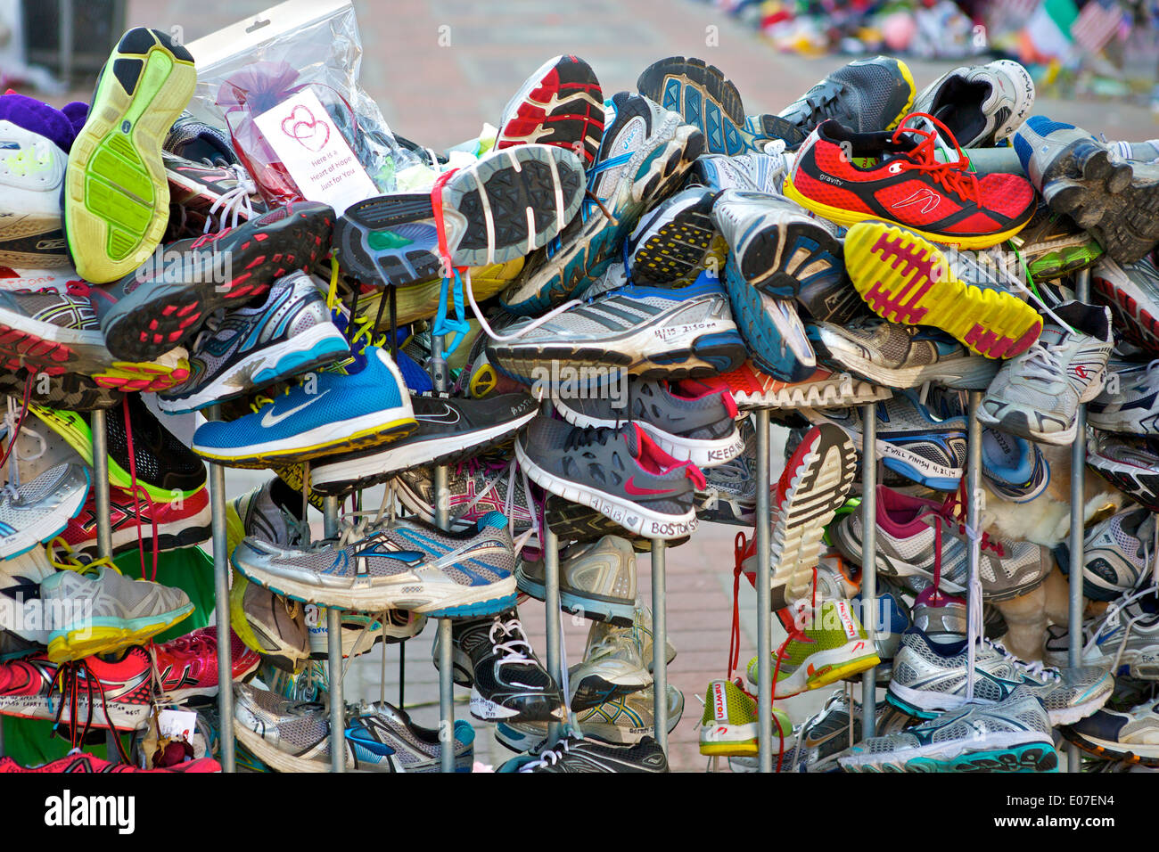 Trainers, Memorial to the victims of the 2013 Boston Marathon Bombings. Copley Square. Boston. Stock Photo